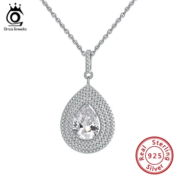 

ORSA JEWELS Authentic Sterling Silver Water Drop Pendant Necklace Clear Fine Zircon Wedding Party Charming Exquise Jewelry SN199