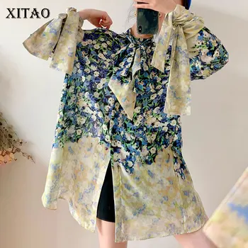 

XITAO Personality Gradient Vintage Blouse Women Clothes 2020 Fashion stand collar Spring Bandage Bow Print Shirt Top ZLL4678