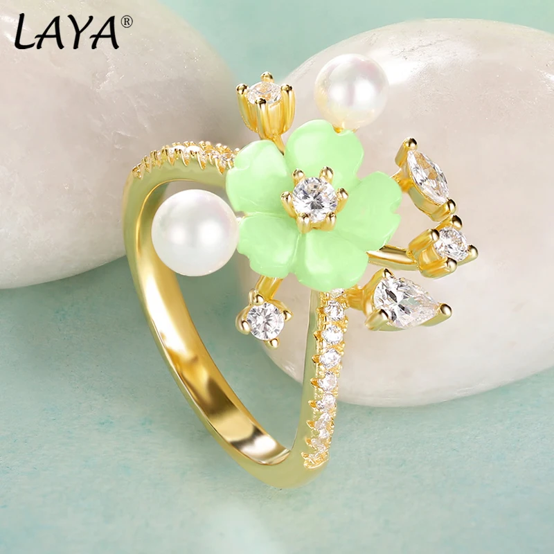 LAYA 귀걸이와 반지  빛나는 지르콘 자연 쉘 꽃 여성 신부 웨딩 럭셔리 쥬얼리