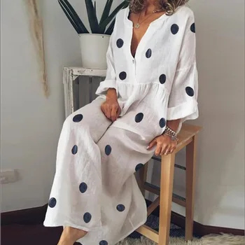 

Summer Cotton Linen Dress Plus Size 4XL 5XL Women Sexy V Neck Polka Dot Maxi Bohemian Dress Ladies Long Boho Beach Dresses 2020