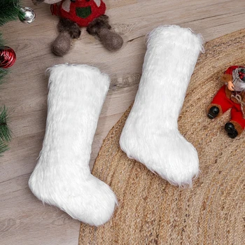 

Christmas Stocking White Long Plush Socks Candy Gift Bag Hanging Tree Fireplace
