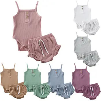 

0-24M Newborn Infant Kids Baby Girl Clothes Summer Sleeveless Sling Knitted Vest Crop Tops T-shirt Shorts Pants 2Pcs Set Outfit
