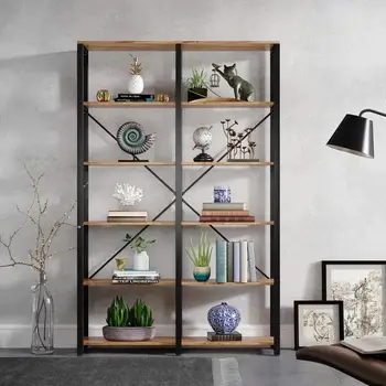 

Tribesigns Rustic Industrial Bookshelf, Double Wide Open Bookcase, 6-Tier Etagere Book Shelves,