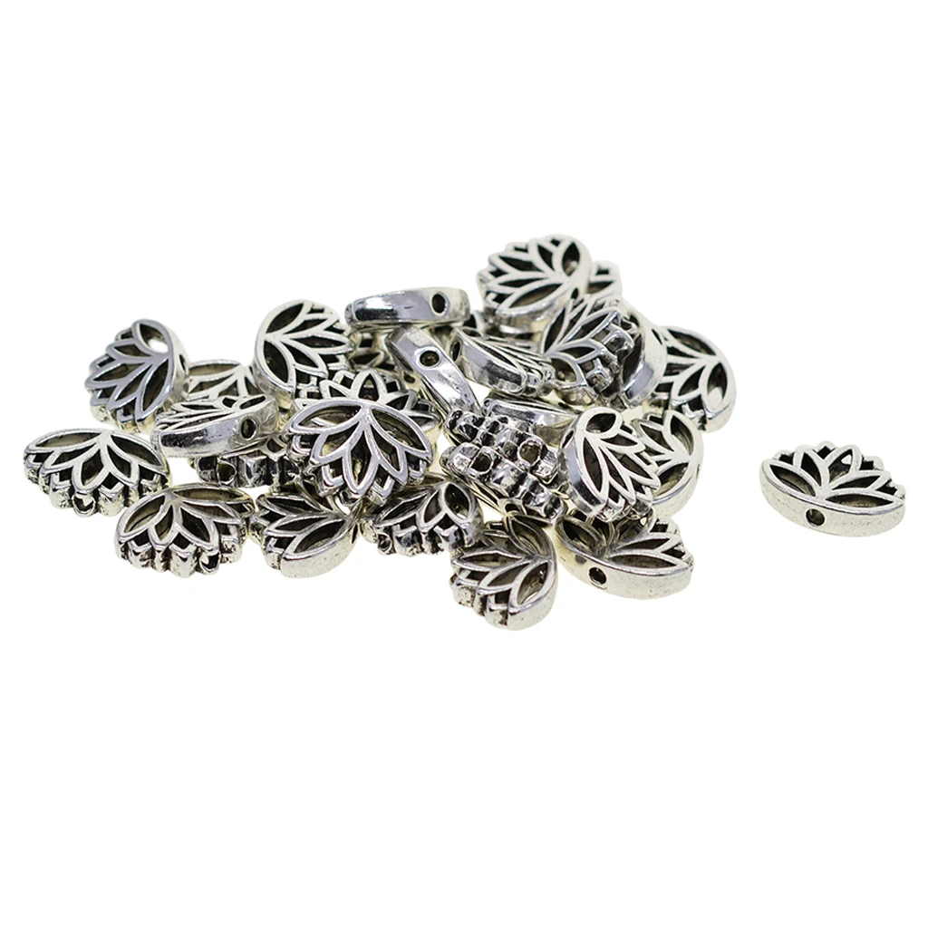30PCS Tibetan Silver Hollow Out Lotus Flower Metal Beads Cute Spacer Loose Beads Charms For DIY Jewelry Making (16 X 13 X 4 Mm)