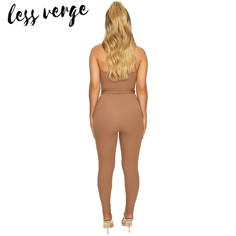 lessverge Knitted rib bodycon winter jumpsuit women Sexy off shoulder sashes long romper Black bandage fitness jumpsuit overalls