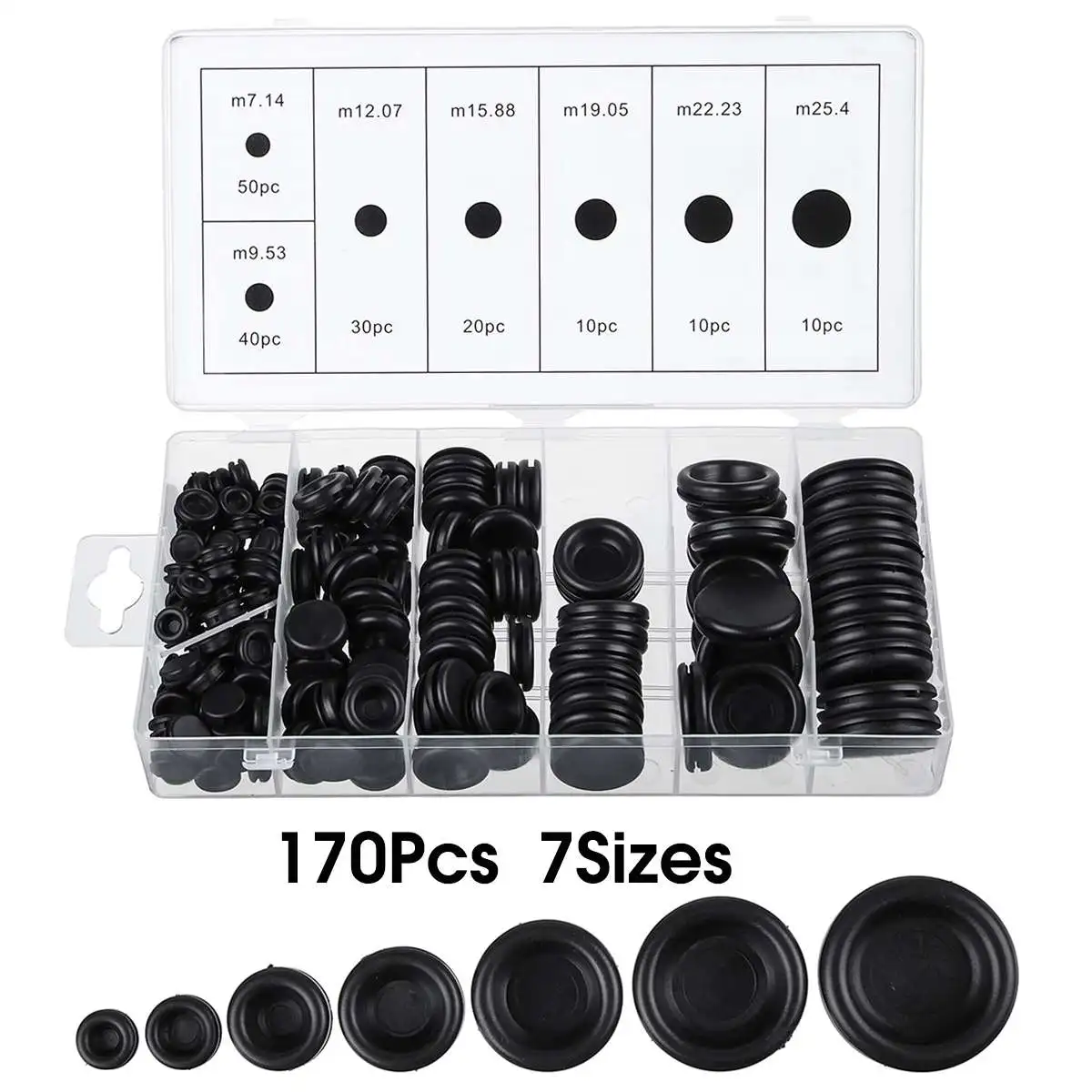 WeiMeet 170Pcs Rubber Grommet Firewall Hole Plug Set Car Electrical Wire Gasket Assorted Kit with Organizer Box for Car Machine Pump Water Pipe 7 Different Sizes