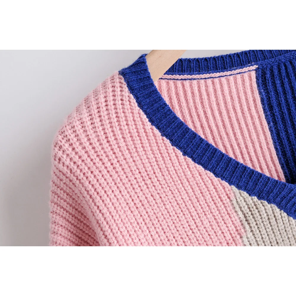 Fashion Za Women Sweater Winter Patchwork V-Neck Casual Long Sleeve Loose Knit Pullovers Sweaters Jumper Ladies Tops