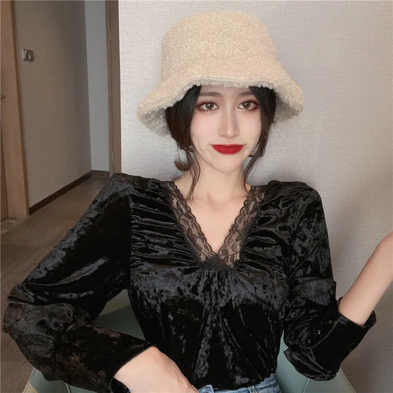 Lychee девушки сплошной цвет кружева галстук шеи женщины бархат футболка весна осень леди футболки с пышными рукавами V образным вырезом женские пуловеры Топы