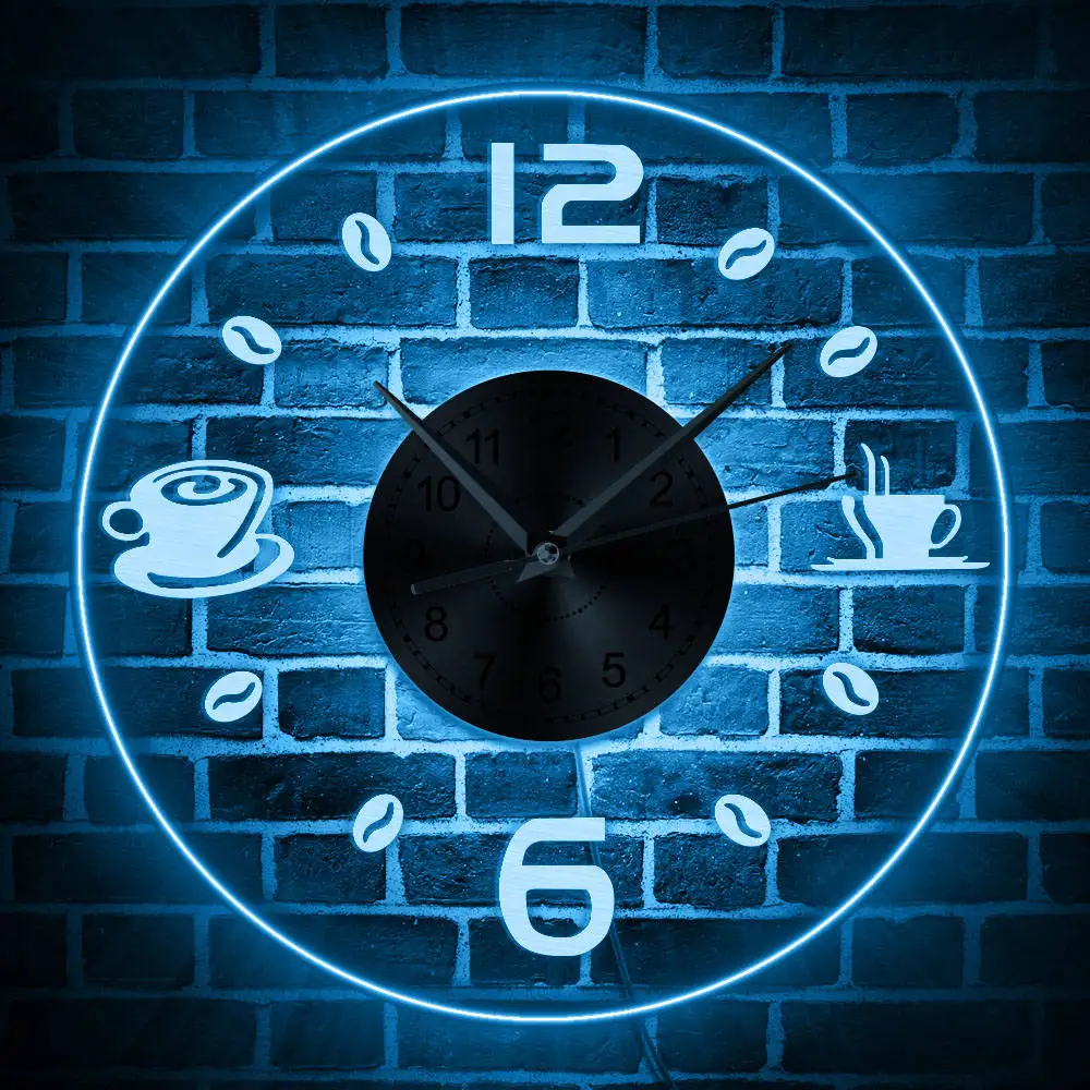 

Coffee Cup Design Multi Color Changing Luminous Wall Clock Coffee Bean LED Wall Hanging Night Lamp Wall Watch Coffee Theme Clock