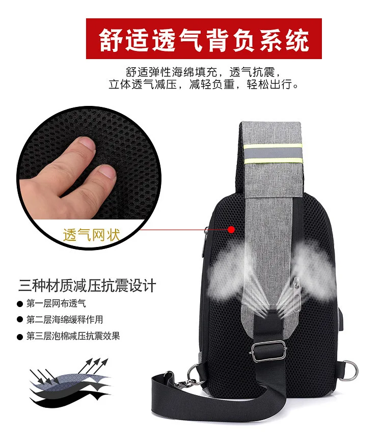 Поперечная граница, стиль, противоугонная USB перезаряжаемая Мужская нагрудная сумка, Повседневная многофункциональная сумка для верховой езды