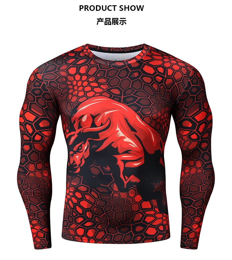 Hochwertiges, atmungsaktives Herren-Kompressionsshirt mit langen Ärmeln, einzigartiger Stier-Grafikdruck für Sport und Fitness – Detail 1