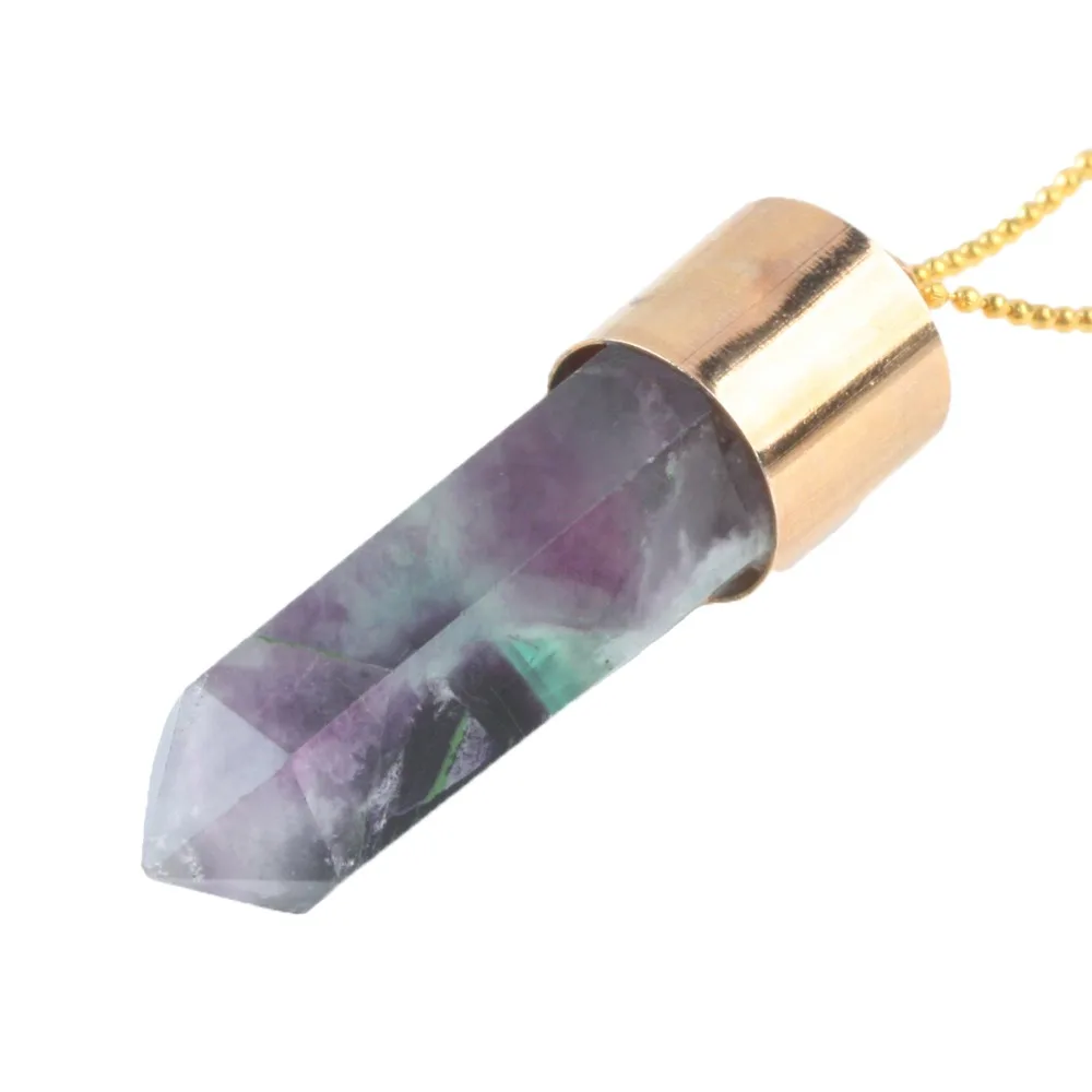 

SUNYIK Hexagon Prism Fluorite Gem Stone Healing Reiki Random Shape Stone 18KGP Pendant Chain Necklace For Women
