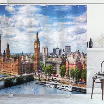 

London Decor Collection, Extensive Cityscape with Big Ben, Westminster Bridge on River Thames with Puffy Clouds Picture,