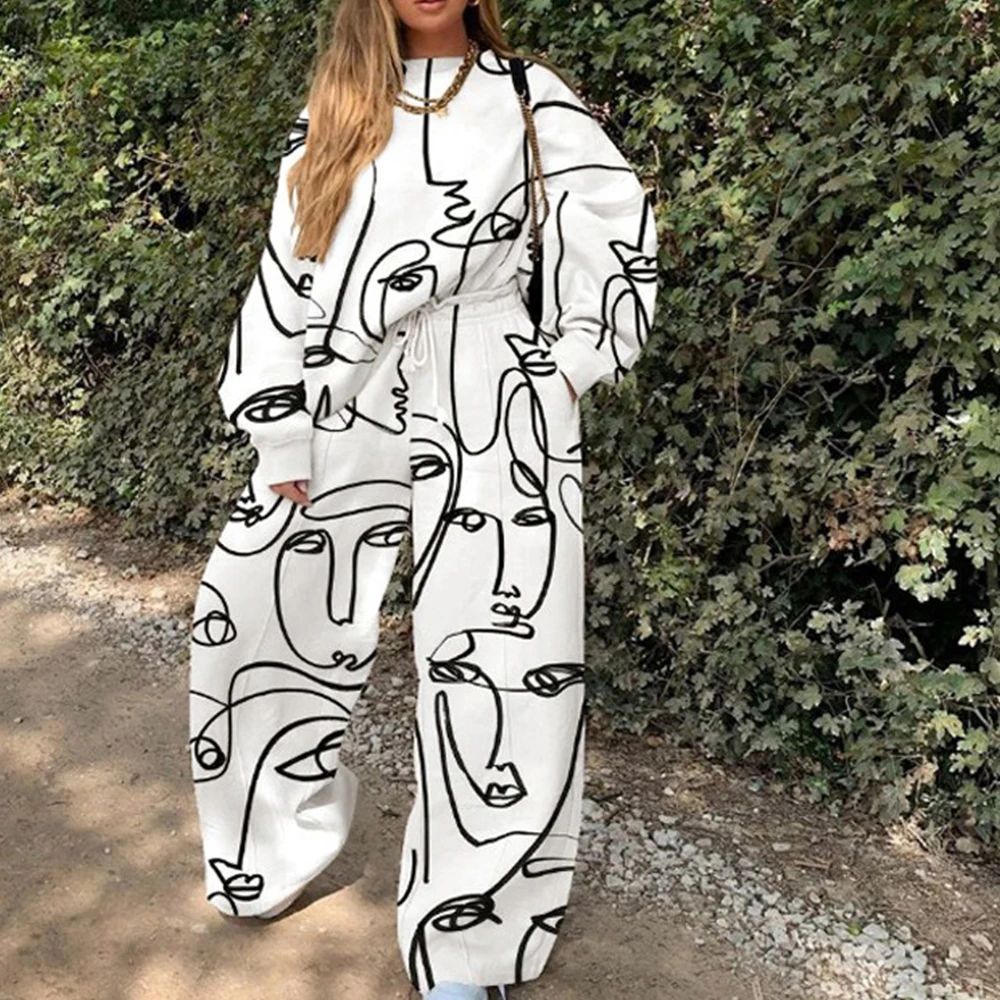 

Two Piece Outfits for Womenn Oversized Long Sleeve Pants Tops Casual Loose Abstract Face Print Thin Sweatshirt 2 Piece Set Wome