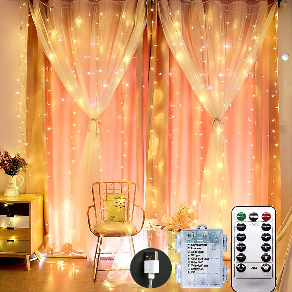 

3x3m Icicle Curtain Fairy 300LED String Light Christmas Light With Remote 8 Modes USB Power Decorated Wedding Room Window Party