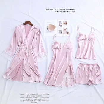 

Women Sexy Sleepwear Satin Kimono Bathrobe Gown 4PCS Sleep Suit Casual Nightwear Intimate Lingerie Bride Bridesmaid Wedding Robe