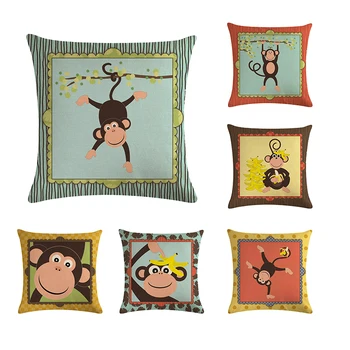 

Pillowcase Sofa Decorative Cotton Linen Throw Pillow Cover Cartoon Monkey Pattern 45X45cm Square Cute Animal Cushion Cover