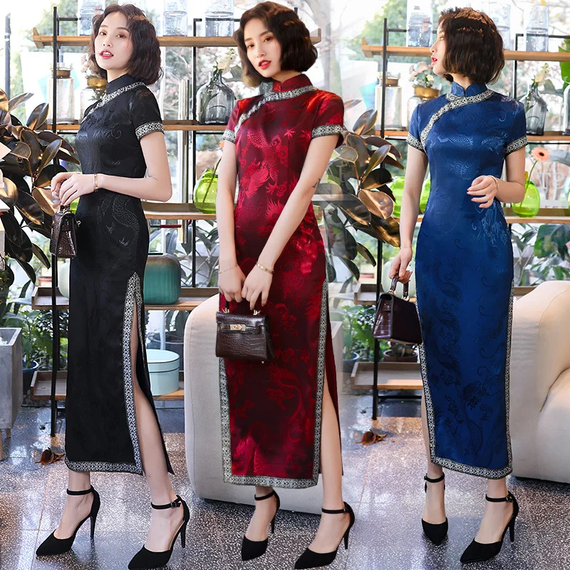 

Exquisite Dragon Print Traditional Chinese Dress Summer Elegant Mandarin Collar Qipao Women Short Sleeve Slim Long Cheongsam