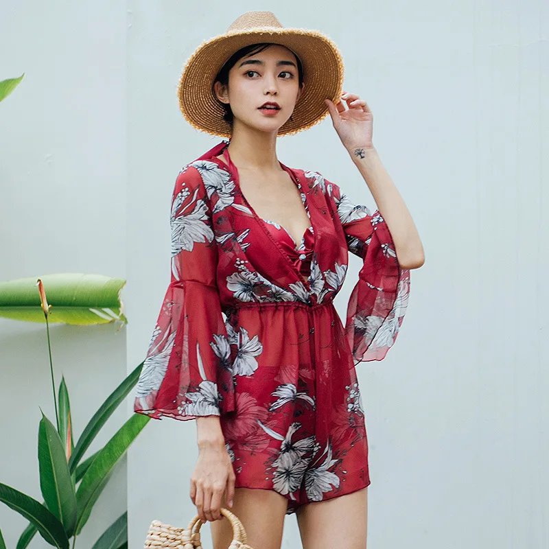 

2018 New Style Bikini Underwire Blouse Three-piece Set Bathing Suit Split Type Underwire Small Bust Gathering Hot Springs Studen