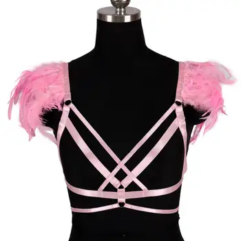 

Paste Gothic Pink Top Feather Shoulder Suspender Cage Chest Sexy Lingerie Belt Plus Size Accessories Bra Harness Party Rave