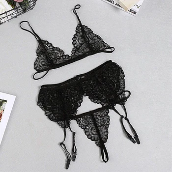 

3Pcs Erotic Underwear Set European And American Fashion Ladies' Sexy Bra Lingerie Lace Perspective Three-point Temptation Suit