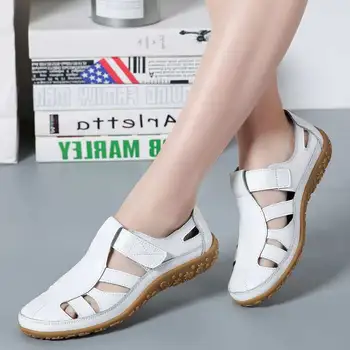 

Sandals women 2020 NEW leather solid shoes woman sandals plus size soft flats with women shoes Hook & look hollow women sandals