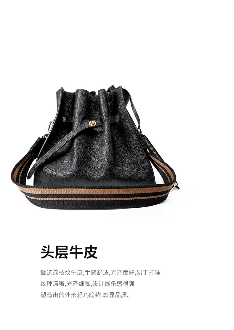 Brand Design Real Cow Leather Ladies HandBags and Purse Women Genuine Leather Composites Bags High Quality Wide Strap Bucket Bag