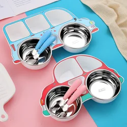 Crianças dos desenhos animados carro forma placas e tigelas conjunto de aço inoxidável tigelas garfos colheres bebê bonito alimentação jantar placa talheres kit