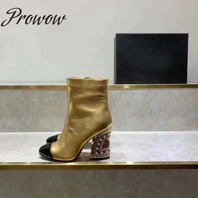 

Prowow New Genuine Leather Gold Jewel Heel Ankle Boots Zip Side Thick Heel Runway Luxury Boots Shoes Women