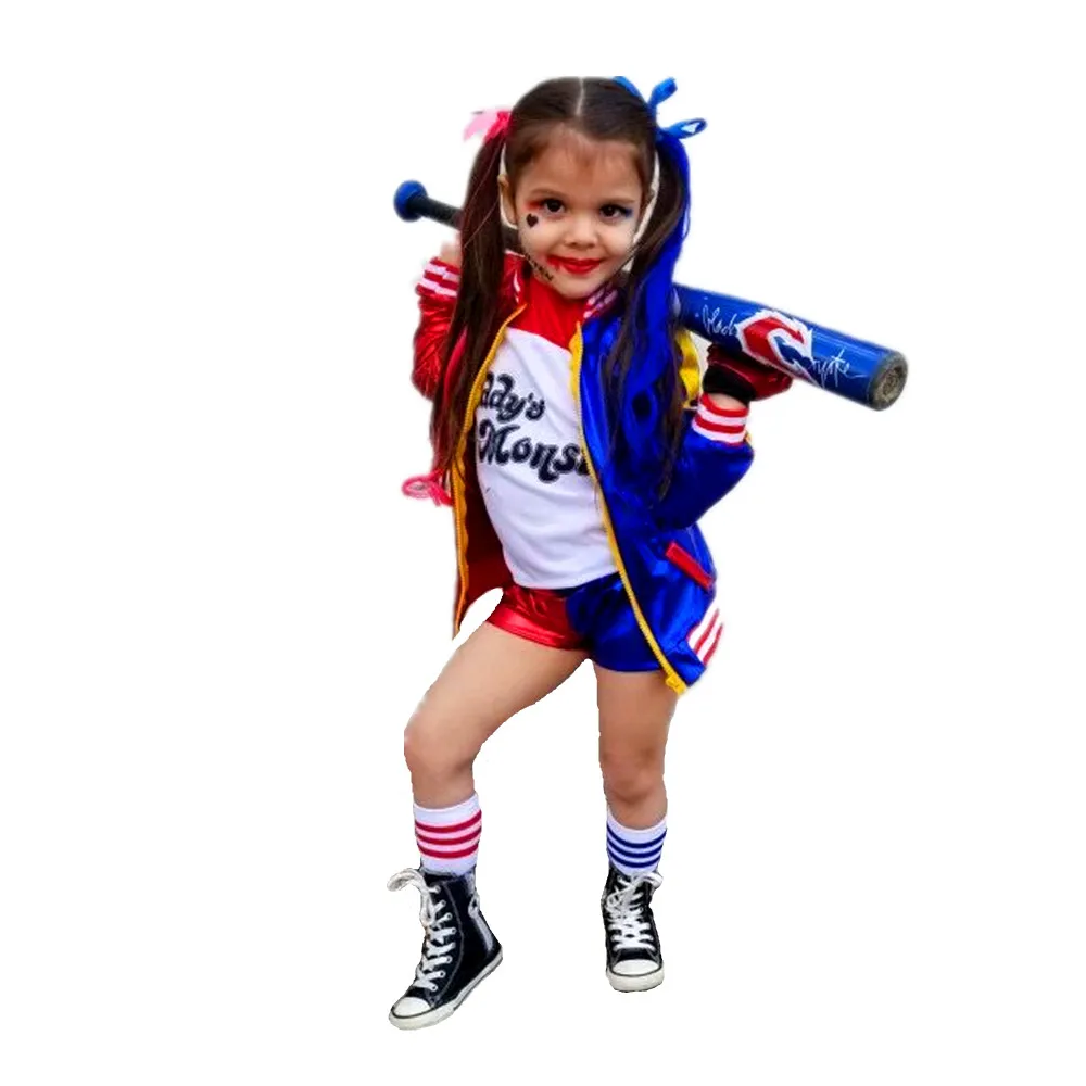 Костюмы Harley косплей самоубийца Harleen Quinzel Kids Girls Quinn отряд футболок жакет Джокера