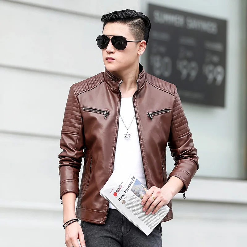 Men's PU Leather Autumn Casual Men'S Wear Stand Collar Slim Fit Biker Leather Jacket Coat Men's Korean-style Youth Fashion