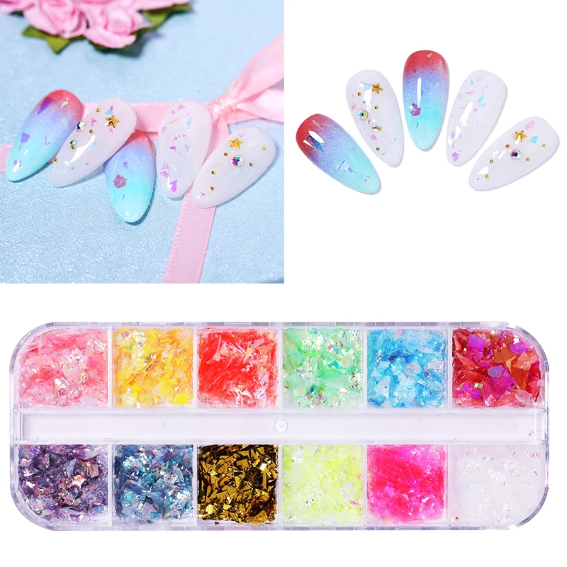 

12 Grids Irregular Nail Flakies Candy Nail Sticker Paper Colorful Nail Paillette 3D Nail Decorations Nail Art Design DIY