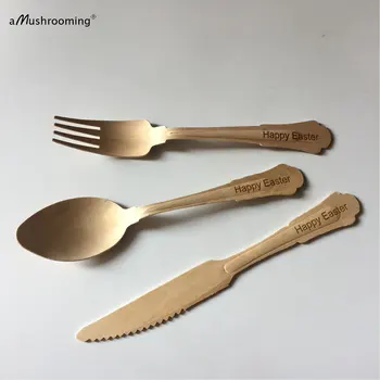 

50ct Vintage Wooden Tableware Set 20cm Large Disposable Cutlery Spoons Forks Knives Easter Party Event Shower Custom Silvereare