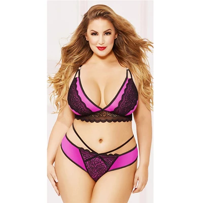 Stitching perspective large size lace sexy lingerie set underwear sexy mesh deep V - Цвет: Фиолетовый