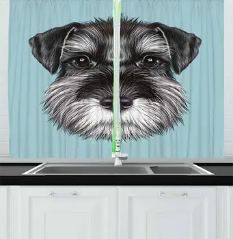 

Animal Kitchen Window Curtains Illustration of a Baby Schnauzer on Blue Background Puppy Portrait Window for Kitchen Cafe Decor
