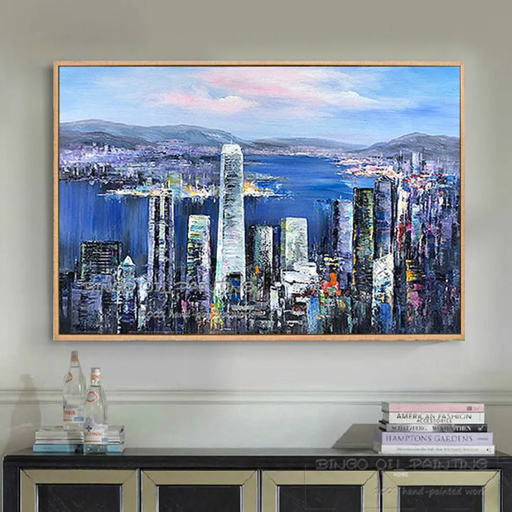 手描き高品質抽象香港超高層ビル油絵美容香港市の超高層