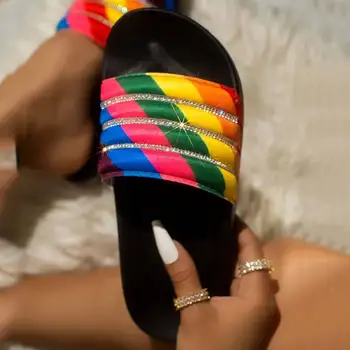 

2020 Women's Rainbow Slippers Fashion Oversized Sandals Wear Non-slip Wild Flat Rhinestone Slippers