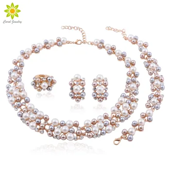 

Fashion Women Bridal Wedding Accessories Crystal Necklace Earrings Sets Gold Color Simulated Pearl Costume Beads Jewelry Sets