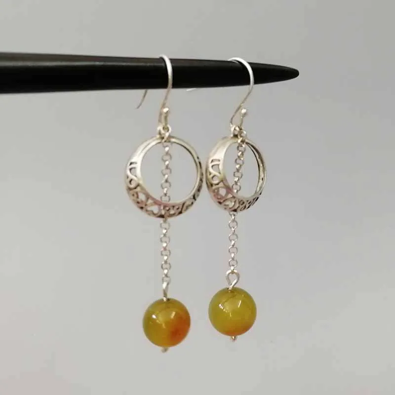 

925 Sterling Silver Heart-Shaped Hollow Multicolored Agate Earrings For Women National Style Silver Jewelry Not Allergic