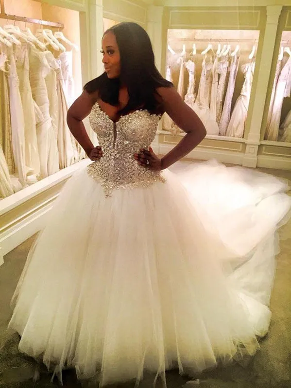 

Puffy Muslim Wedding Dresses Ball Gown Sweetheart Tulle Crystals South African Cheap Boho Wedding Gown Bridal Dresses