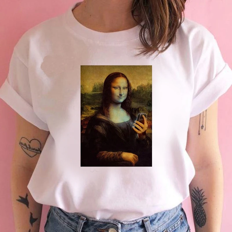 

Fashion Cartoon Mona Lisa T Shirt Women Lovely Print Short Sleeved O-neck T-shirt Vintage Vogue Ullzang Tshirt Harajuku Tops
