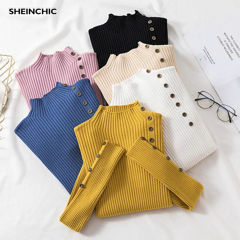 

Korean 2019 Half Turtleneck Sweater Autumn Winter Runway Designer Button Pullovers Elegant Long Sleeve White Female Sweater