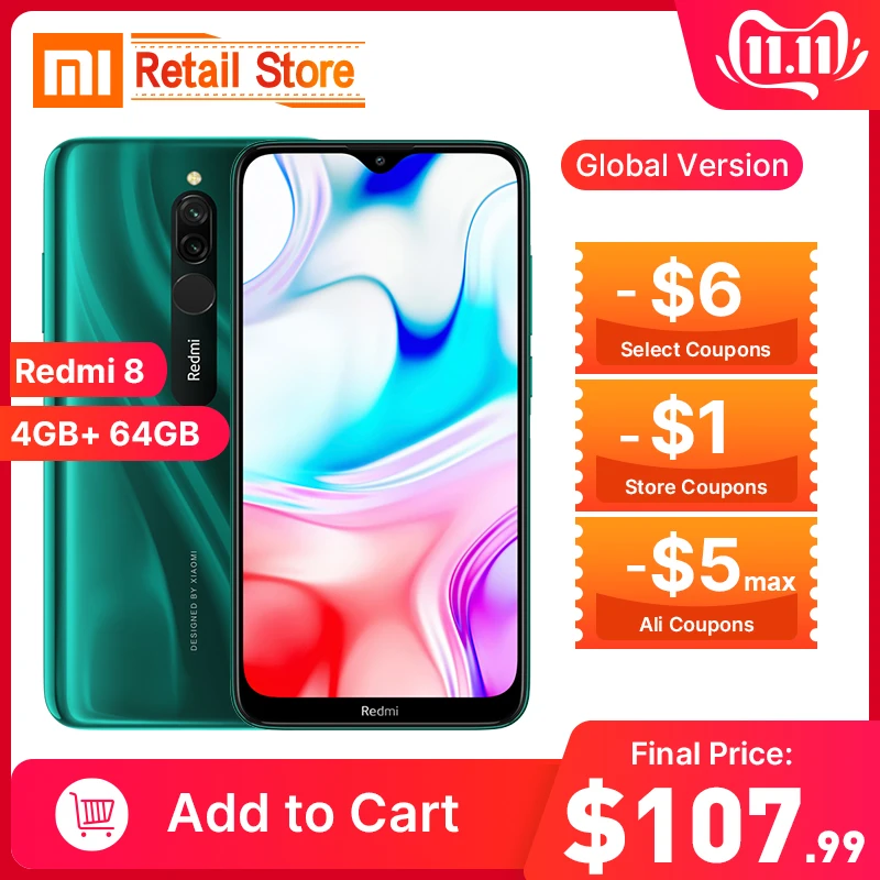 

Global Version Xiaomi Redmi 8 4GB 64GB Snapdragon 439 Octa Core smartphone 5000mAh Large Battery 12MP Camera 6.22 Display 18W