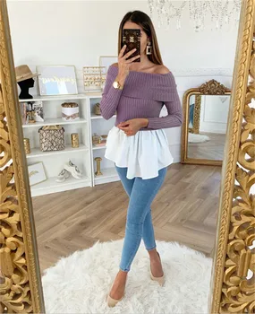 

hirigin Women's Ladies Loose Spring autumn Tulle Ruffles solid Long Sleeve fashion Casual sweaters female off shoulder new Tops