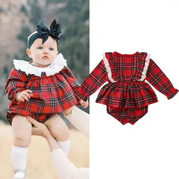 

2PCS Newborn Baby Girl Christmas Clothes Ruffle Lace Red Plaid Romper Dress+Short Pants Shorts Outfits Xmas Clothes Set 0-24M