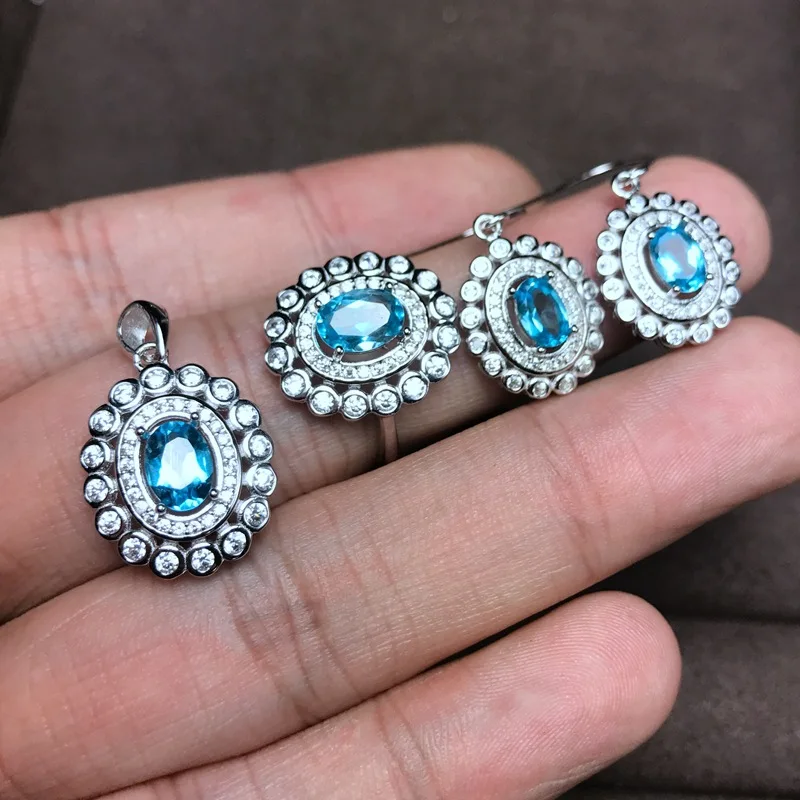 

MeiBaPJ Natural Blue Topaz Jewelry Set 925 Pure Silver Ring Earrings Pendant Necklace 3 Suits Fine Wedding Jewelry for Women