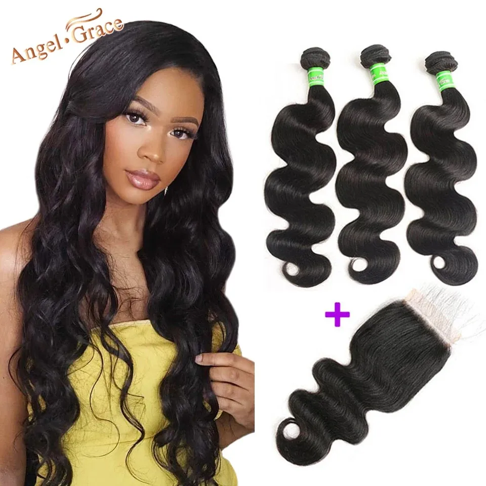 Angel Grace волосы волнистые пряди с закрытием Remy человеческие 3 бразильские плетение