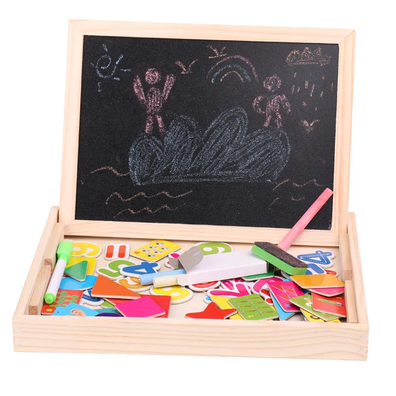 

Gift Wood Preschool Drawing Board with Numbers Lettered Jigsaw Puzzle Magnetic Joypin Children Wood Magnetic Drawing Board