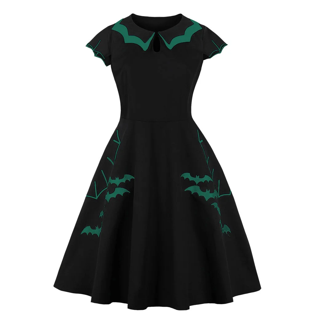 

High Quality Women Bat Embroidery Print Dress Costume Halloween Sleeveless Vintage Casual Mini Dresses Short Dress Woman Party