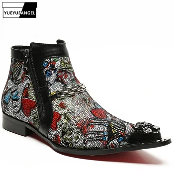 

2019 New Designer Metal Trend Cool Zipper Hand Painted Priting Mens Ankle Boots Male Autumn Pointed Toe High Top Shoes Footwear